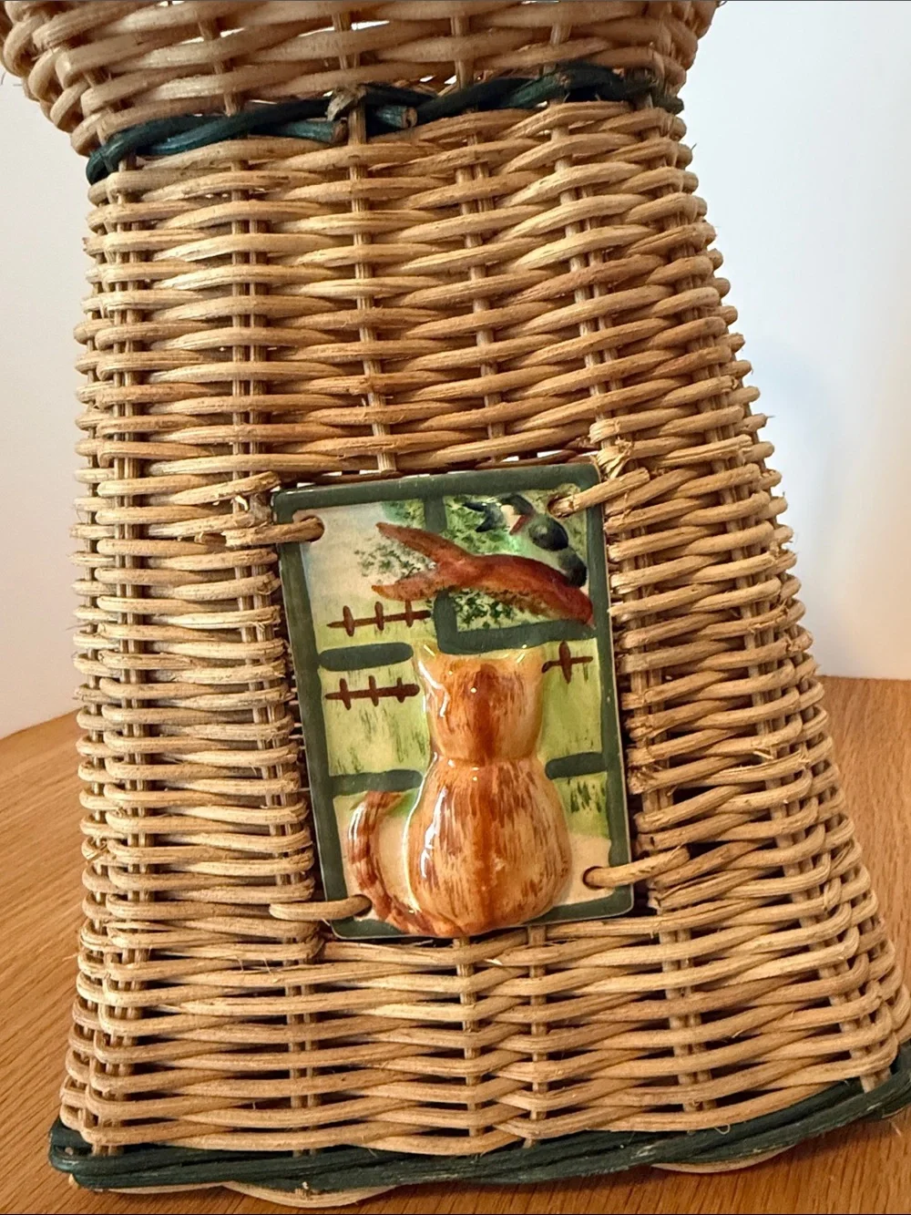 Vintage Wicker Decorative Basket with Cat Accent